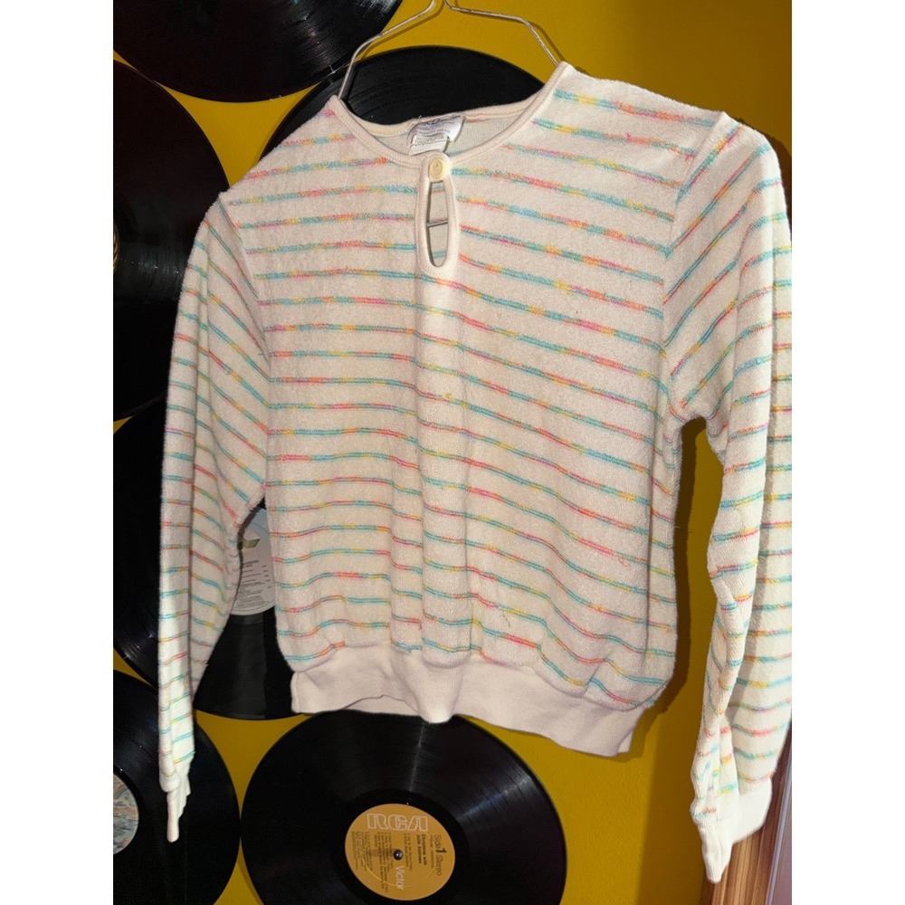 Vintage Sears Roebuck Kids Large 14 Striped Terry Cloth Keyhole Top Pastel Retro